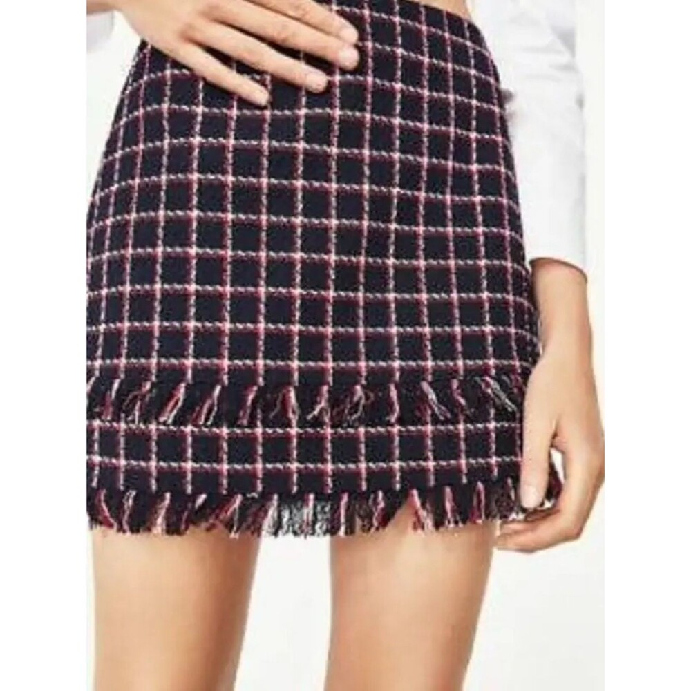 Zara Basic Collection Tweed Grid Check Fringe Mini Skirt | Navy/Red | XS